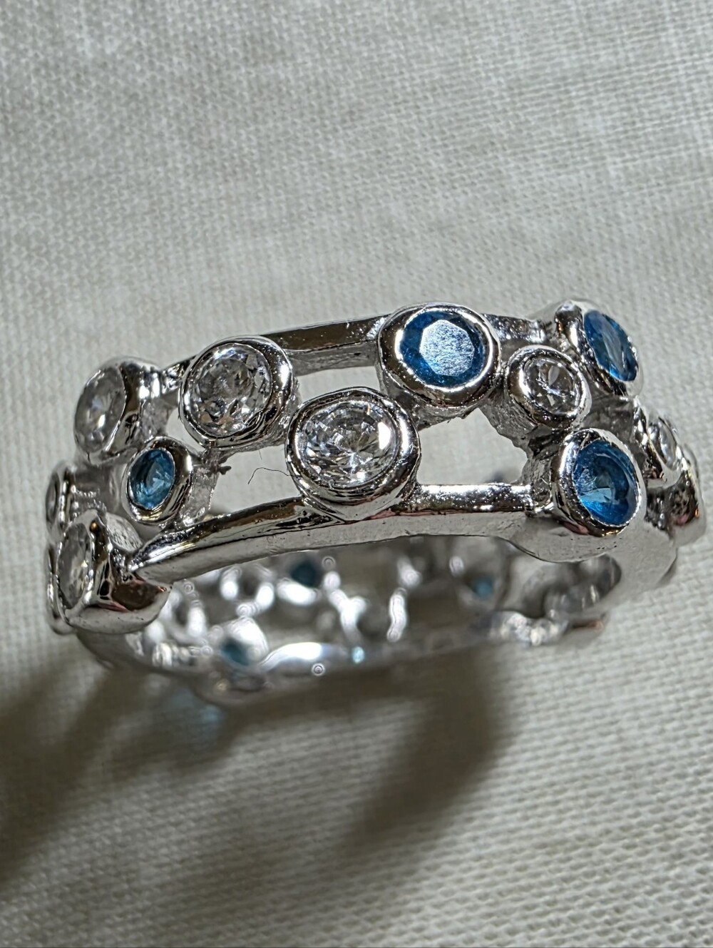 Silver Color Blue & Clear Crystal Women's Bubble Band Ring - Unbranded